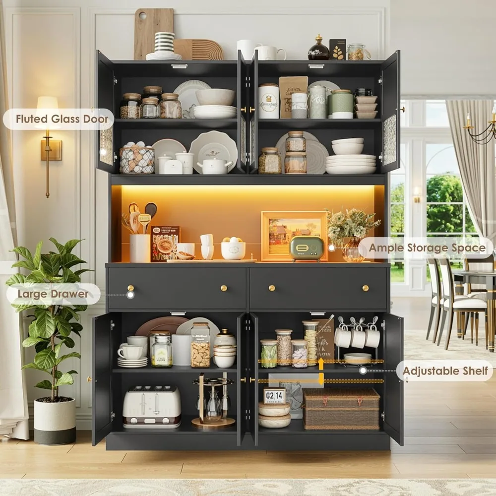 71" Pantry Cabinet with LED Light and Charging Station, Farmhouse Kitchen Pantry Cabinet with Microwave Stand, Customized 1