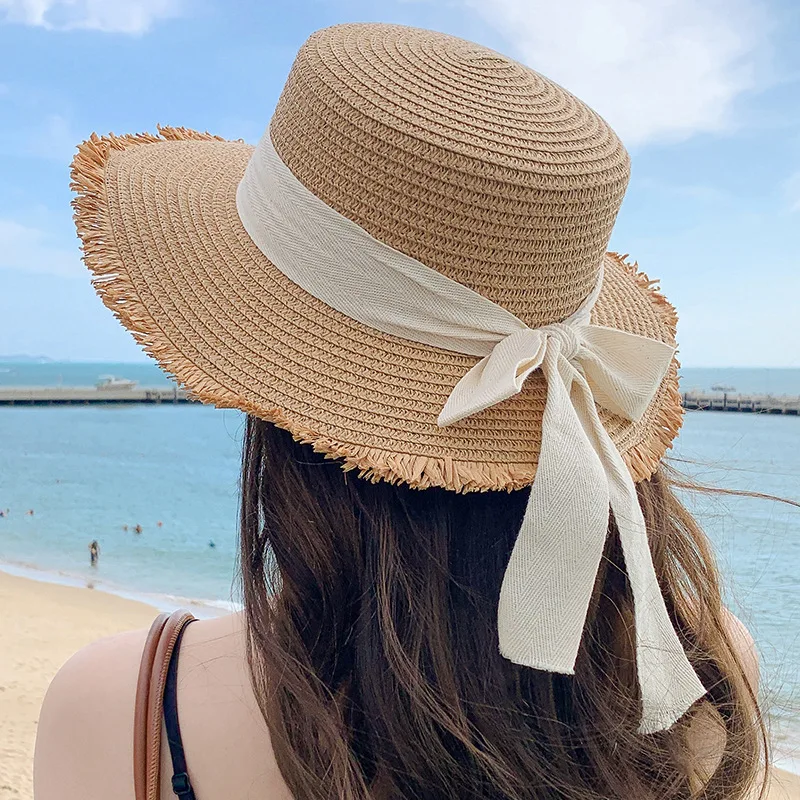 Tassel Female Lace Bow Bowknot Straw Hat Summer Women Ladies Casual Floppy Sun Hat Ribbon Sunscreen Cap for Beach