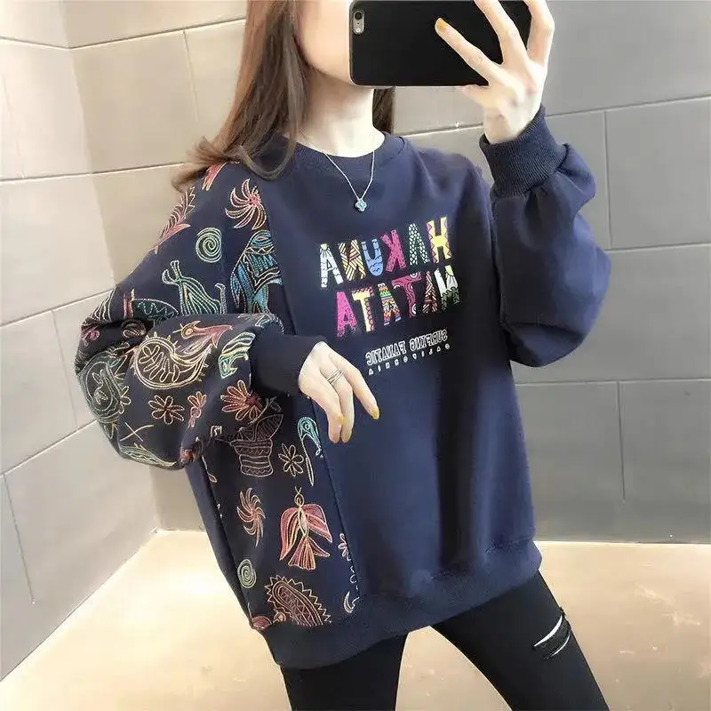 Autumn and Winter Women's Pullover Round Neck Solid Letter Hand Painted Printed Long Sleeve Hoodies Loose Fashion Casual Tops triple wheelie bin shed 210x75x121 cm painted solid pinewood