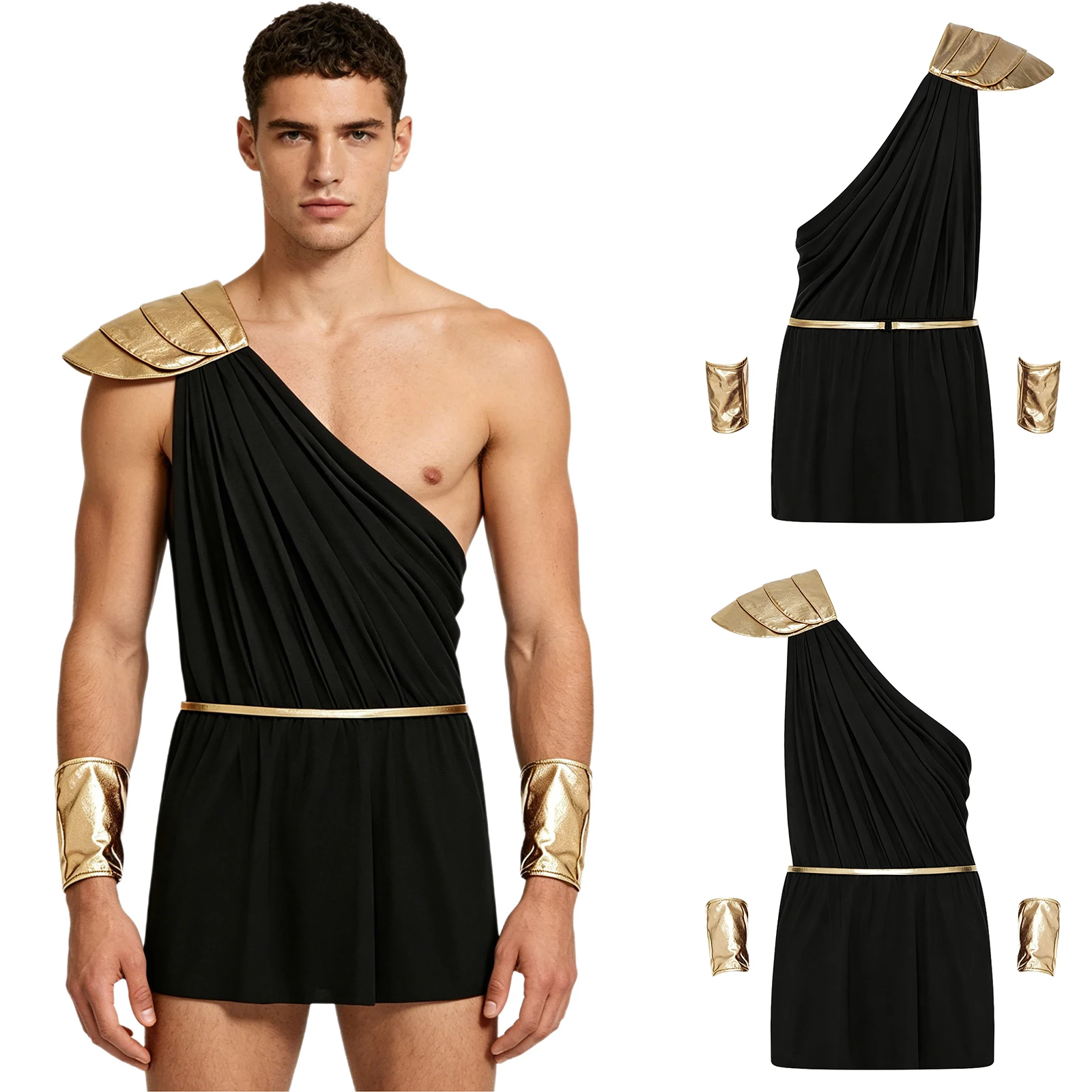 Costume grec noir avec épaulette et accessoires dorés