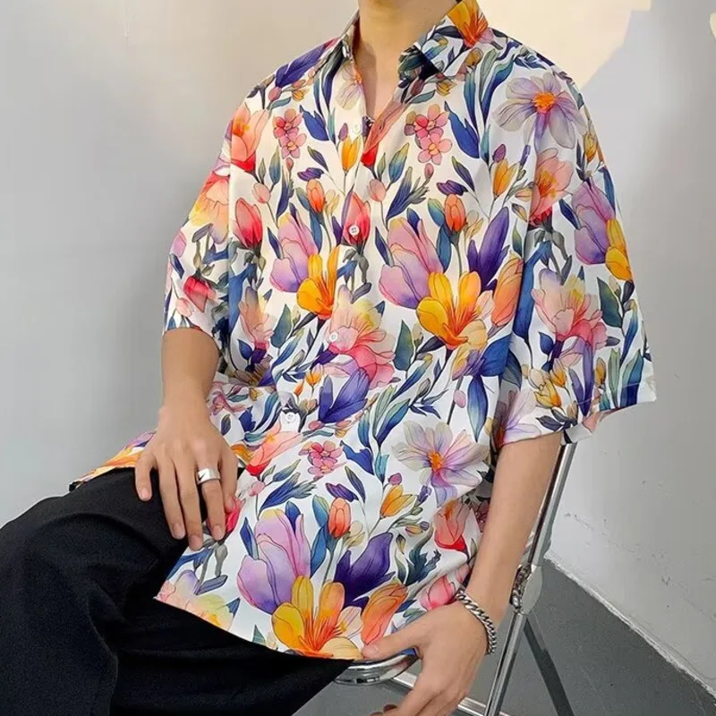 Summer Men Loose Shirt Tulip Floral Printed Blouses For Male Short Sleeve Shirts Top Vacation Clothes Fashion Streetwear