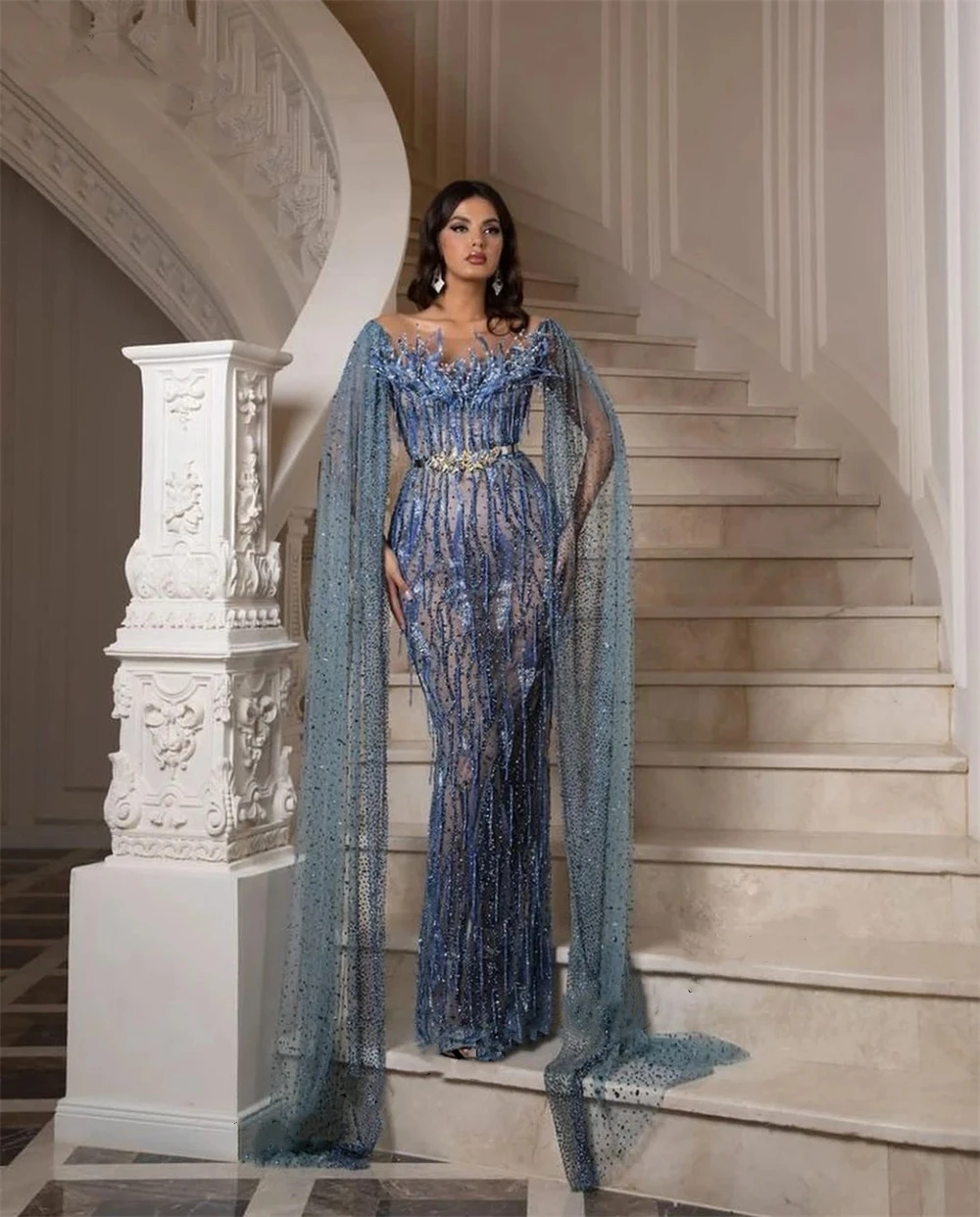 

Glamorous Sequins Tassel Beading Mermaid Prom Dresses Cape Sleeves Illusion Evening Gowns Custom Made Robe De Soirée