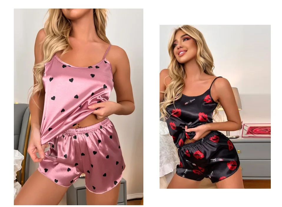 ladies pajama 2022 New Fashion Sexy Floral Pajama Set Women's 2 Pieces Sleepwear Pyjamas Silk Satin Cami Top and Shorts Pajamas for Women Pajama Sets