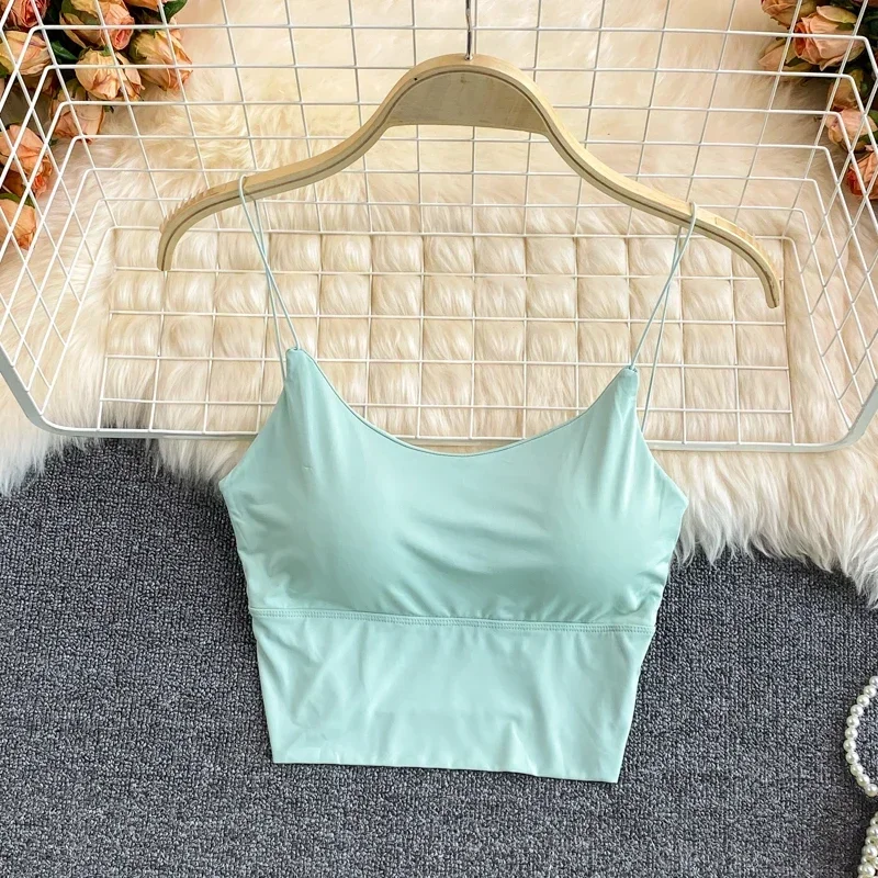 Women Crop Tops Sexy Solid Color Camisole Ice Silk Tube Top Seamless Sports Tank Top Wireless Underwear Padded Bra Bralette Vest Women Tank Tops Beach Crop Tops