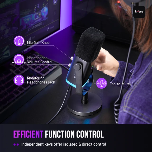 FIFINE USB/XLR Dynamic Microphone with RGB Control/Headphone jack/Mute,MIC for PC Gaming Recording Streaming AmpliGame-AM8 5