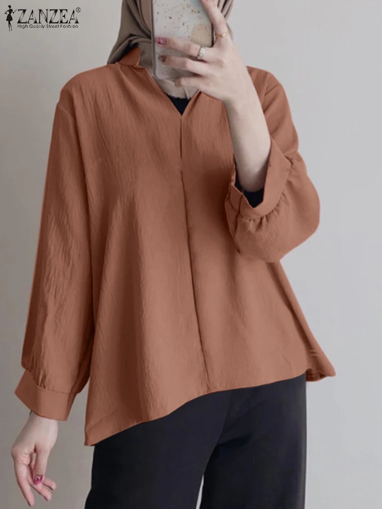 

ZANZEA Autumn Muslim Long Sleeve Blouse Elegant Solid Work Shirt Female Causal Abaya Turkey Dubai Blouses Fashion Women's Tops