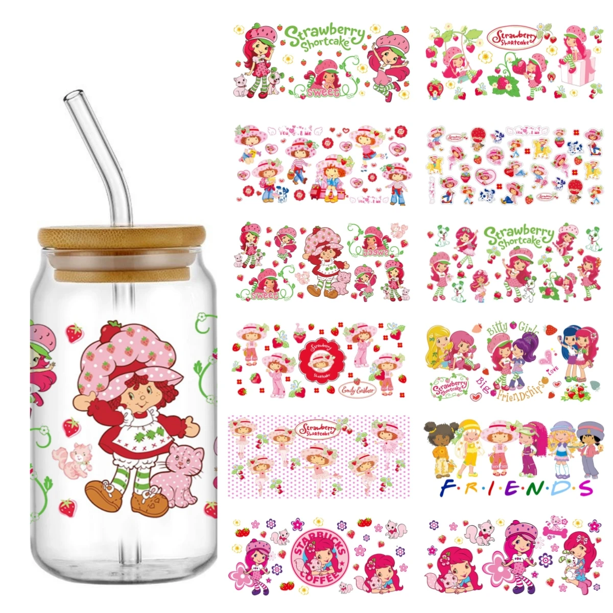 16oz UV DTF Cup Wrap 30 types of cartoon strawberry girls pattern DIY Logo Sticker