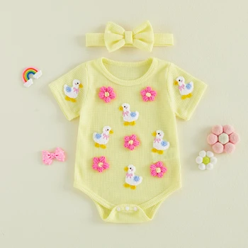 Baby Girls Adorable Outfits Duck Embroidery Short Sleeve Round Neck Romper and Headband 2 Piece Sets Summer
