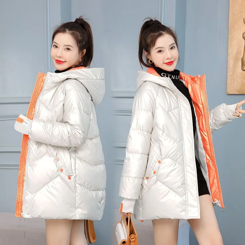 

2023 New Women Down Cotton Coat Winter Jacket Female Mid Length Version Parkas Thick Loose Outwear Warm Hooded Overcoat