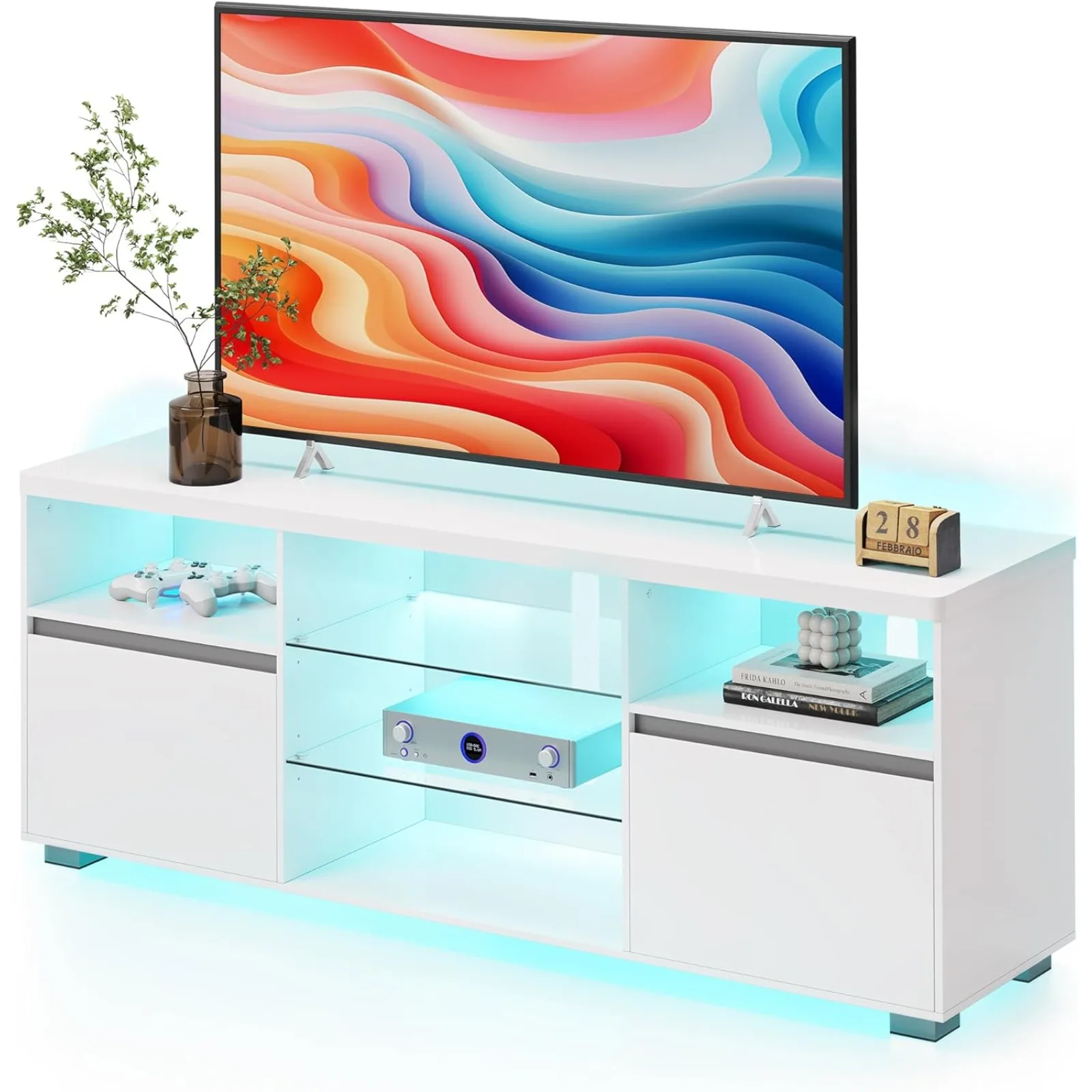 

US Stand with LED Lights 70 Inch, Entertainment Center with Open Glass Shelves, 2 Cabinets with Doors, 63 Long,