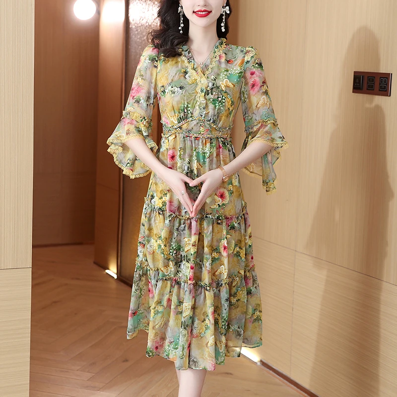 

Женское Повседневное платье с высокой талией, Элегантное Шелковое платье свободного покроя с V-образным вырезом и принтом, весна 2023