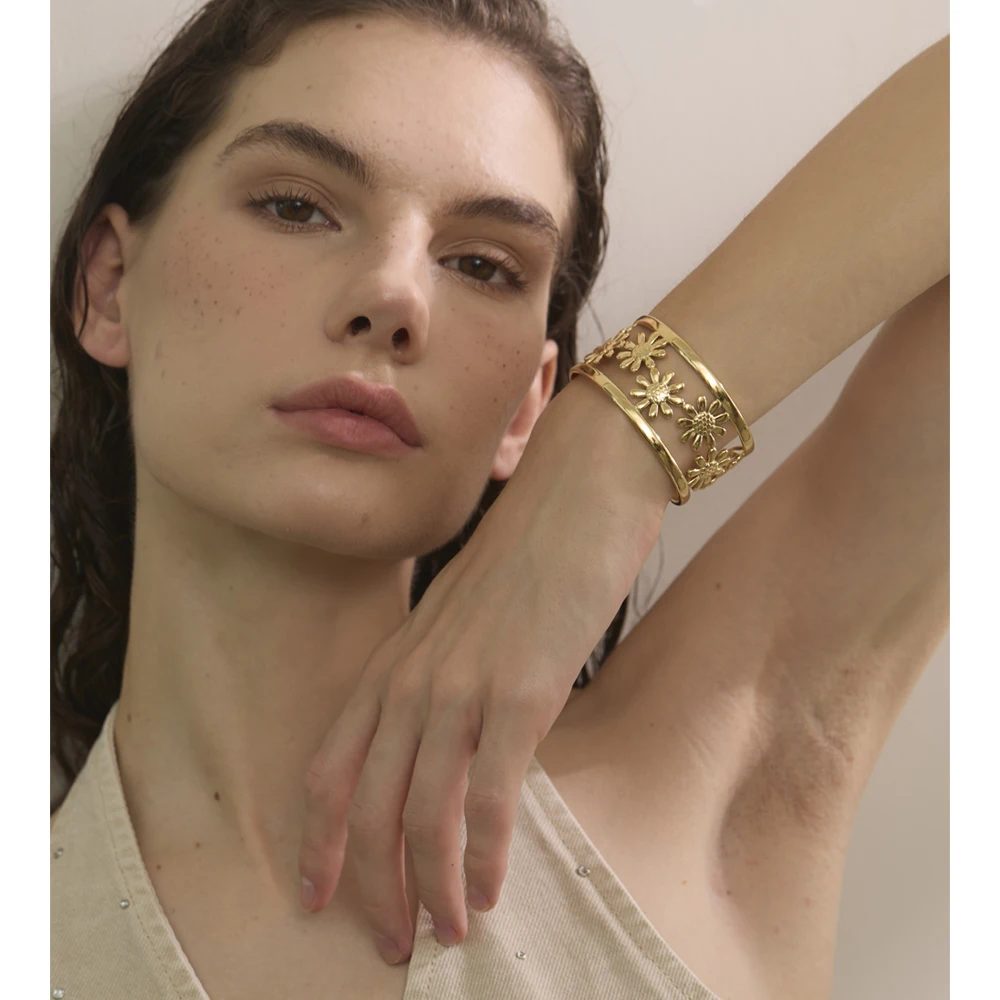 Yhpup Stainless Steel Flower Hollow Cuff Wide Bracelet Bangle