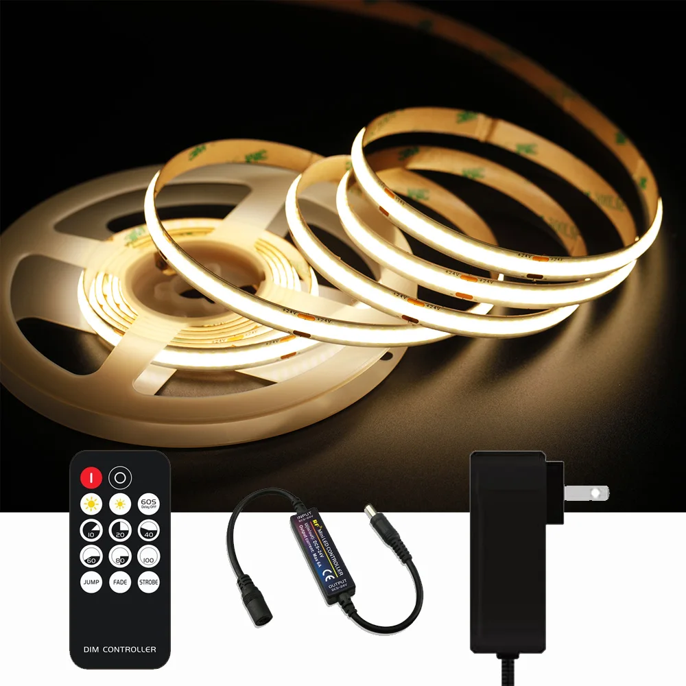 DC12V COB LED Strip Light Warm white FOB COB Dimmable LED Lights RA90 RF Remote Control 1M5M