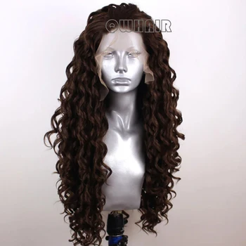 Capelli sintetici ricci sciolti 13X4 parrucca anteriore in pizzo marrone scuro lungo 180 densità per le donne africane capelli del bambino prepizzicati ogni giorno