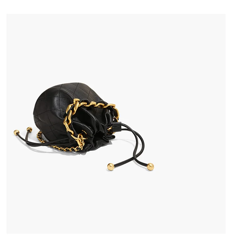 S4286343976cb4db4b25a7052b8eba9e5r Genuine Leather Quilted Drawstring Bucket Bag for Women with Chain Strap Crossbody Handbag for Daily Use and Commuting Mallzona