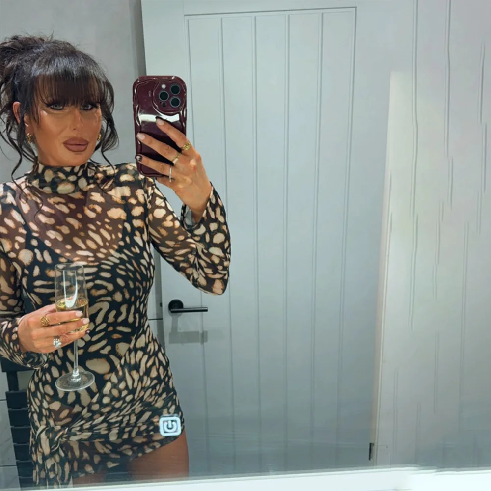 Description Picture 6 of itemSexy Sheer Leopard Print Bandage Dress Women Long Sleeve Turtleneck Mini Dress Lady 2025 Spring Slim Elegant Party Club Dresses
