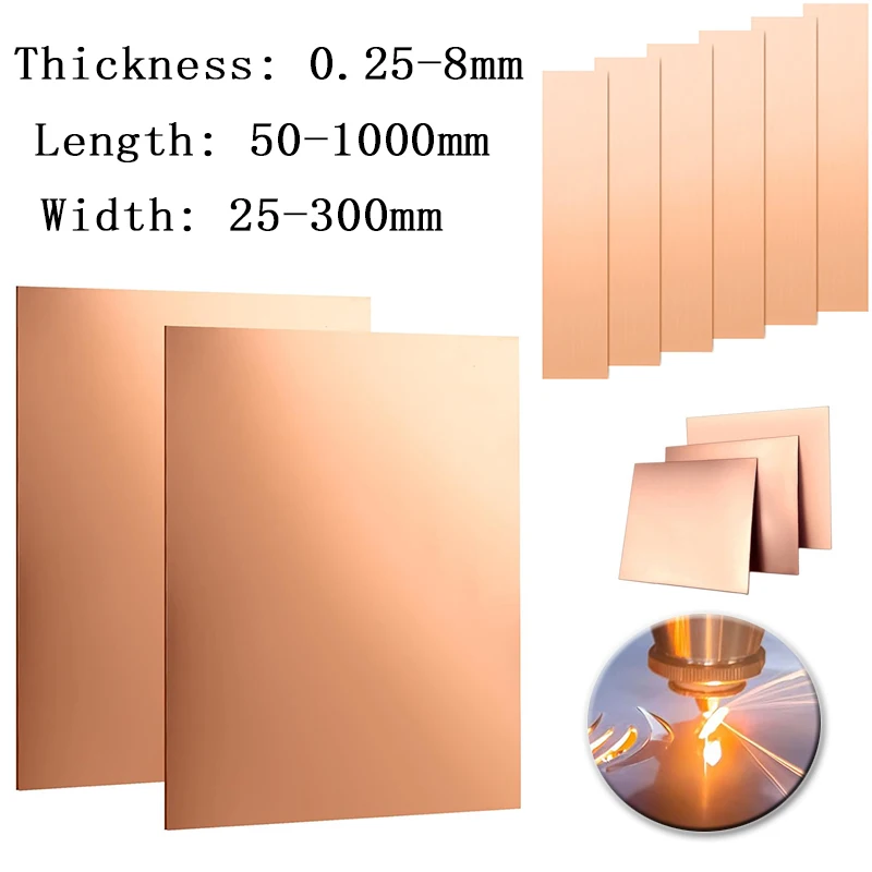Copper Sheet Metal Plate 0.25-8mm Thickness 50-1000mm Length 1Pcs for DIY Craft