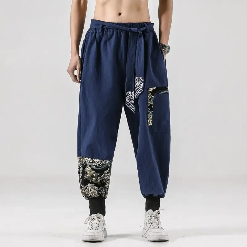 Vintage Cotton Linen Printed Harem Pants for Men Loose Trousers Harajuku Hip-hop Sweatpants Kung Fu Pants for Young Plus Size