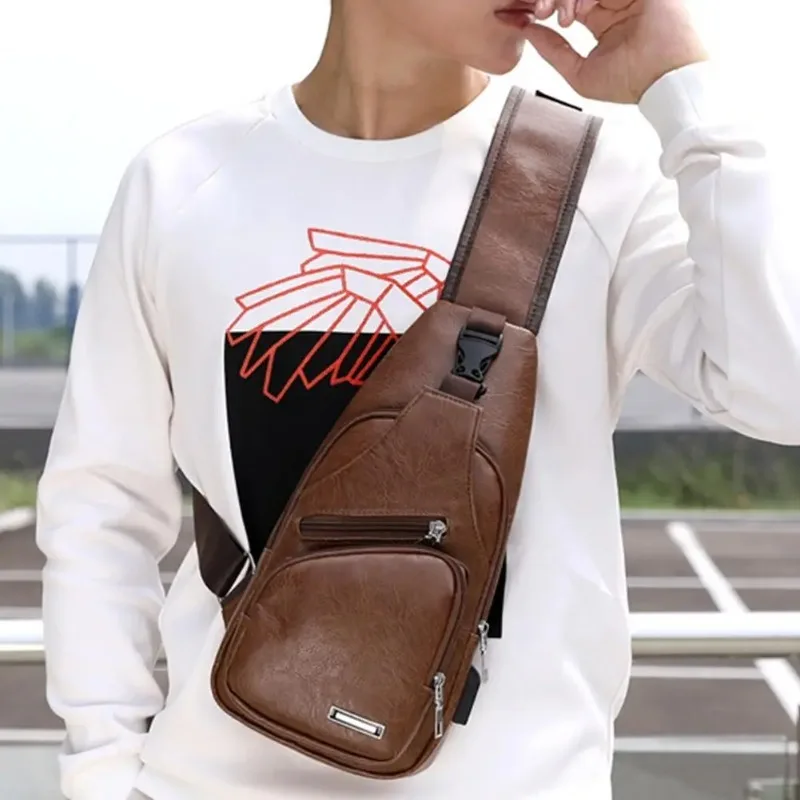 Men's USB Chest Bag Portable Large Capacity Charging Casual Crossbody Bag Outdoor Sports Vintage PU Leather Chest Bag
