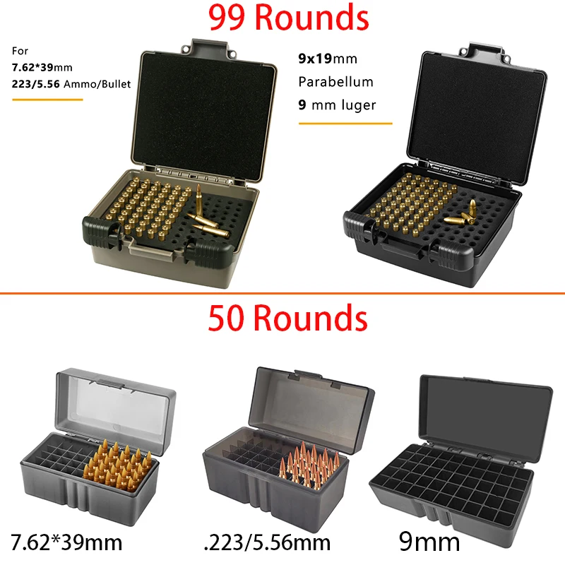 Ammo Storage Box Ammunition Container Bullet Box 9mm .223/5.56mm 7.62x39mm Outdoor Hunting Shooting 50/99 Rounds Cartridge Box ammo storage box ammunition bag