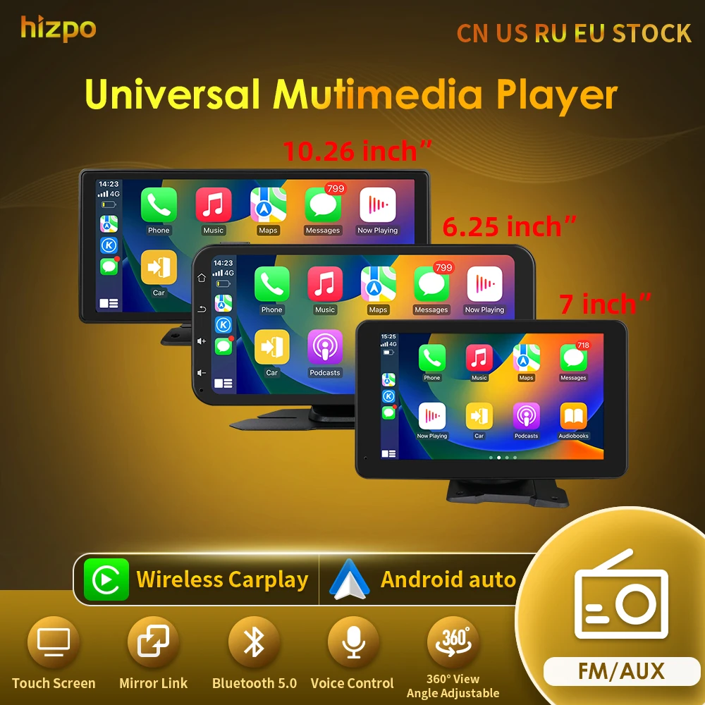 Hizpo Universal Portable Smart Screen Autoradio Girevole Lettore Video Multimediale Wireless Carplay Per Apple O Android Fm/Aux