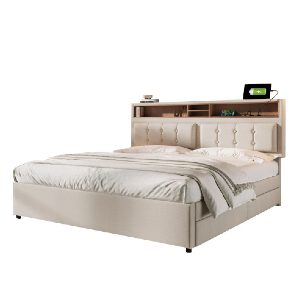 PINGGO Doppelbett mit 4 Schubladen & USB-C-Anschluss, Polsterbett 140x200cm, Höhenverstellbares Kopfteil, Holzlattenrost – Detail 12