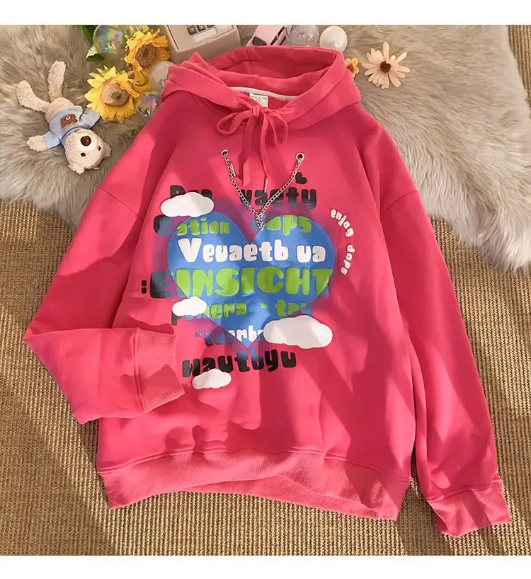 New style with chain suede American high street black foam letter hoodie female vibe style student couple loose y2k top
