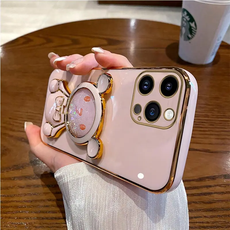 Coque de téléphone avec support de téléphone, miroir de sable mouvant, ours mignon, pour iPhone 14 11 12 13 Pro Mini 8 7 6 6S Plus 10 X Xr Xs Max Se_voghion.com