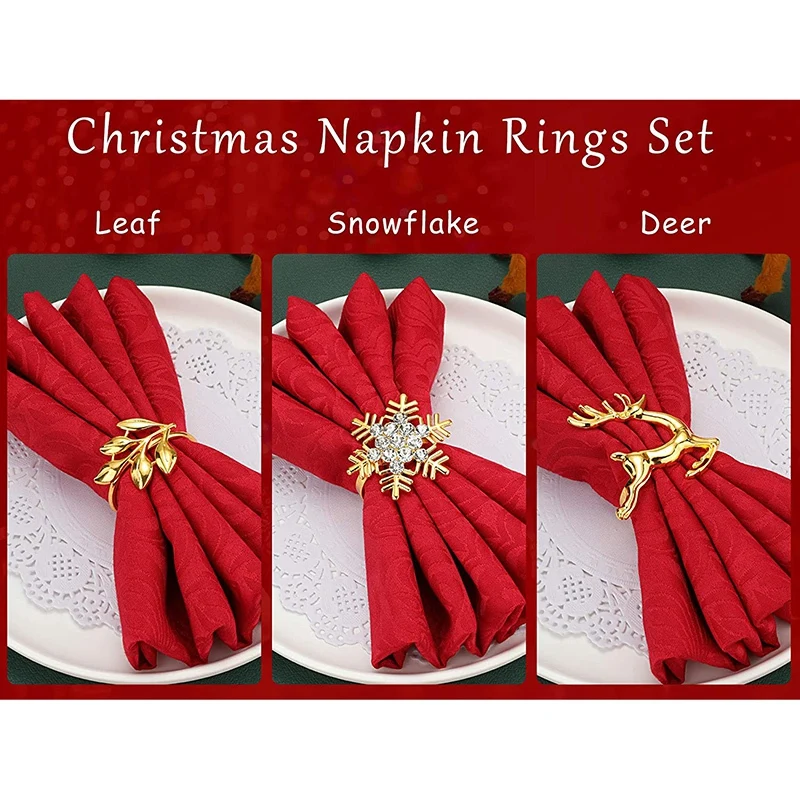 

12PCS Napkin Rings, Leaf Napkin Holders Elk Napkin Buckle Snowflake Napkin Ring Holders Dinner Table Rings Decoration