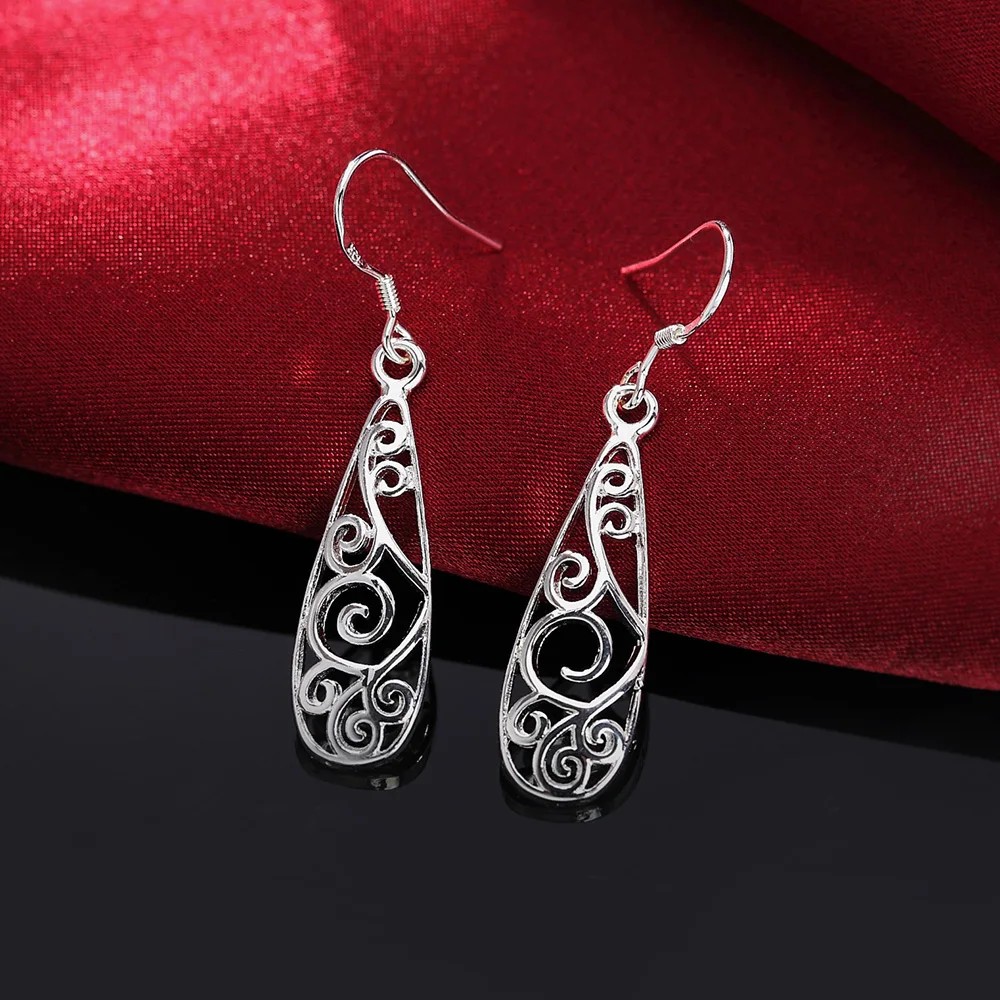 

New fashion 925 Sterling Silver Carved drop shape Earrings Women noble Jewelry Christmas Gifts party vintage long earrings