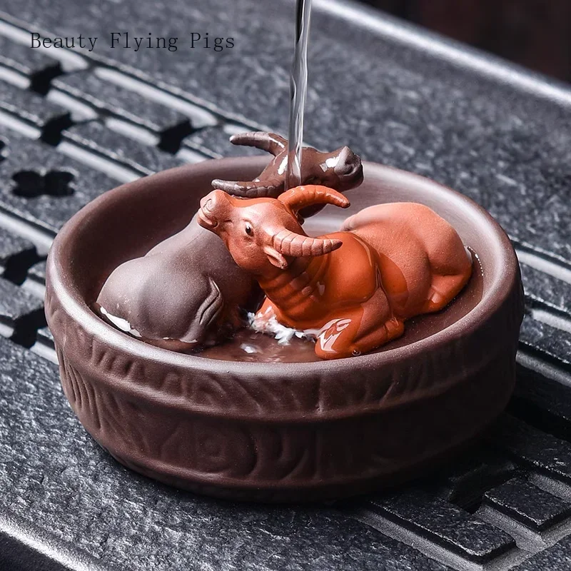 1 set of cute animal ornaments purple clay cow fish tea pet, tea tray coffee table exquisite decoration Kung Fu tea set