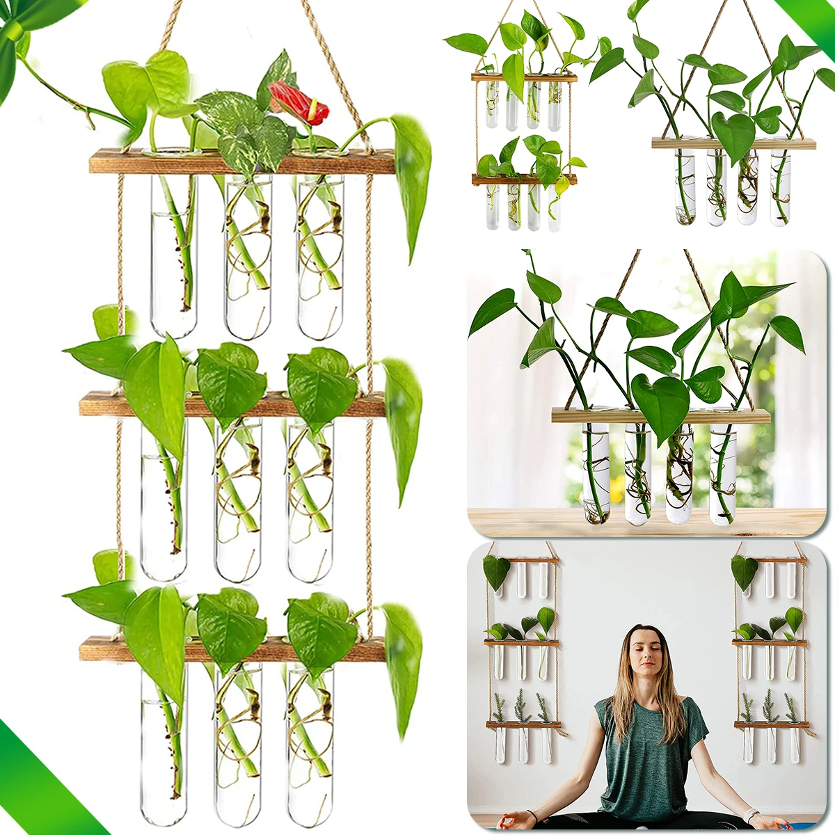 Ins Wall Hanging Glass Planter Terrarium Container Flower Bud Vase with Wooden Test Tube Holder for Propagation Hydroponic Plant