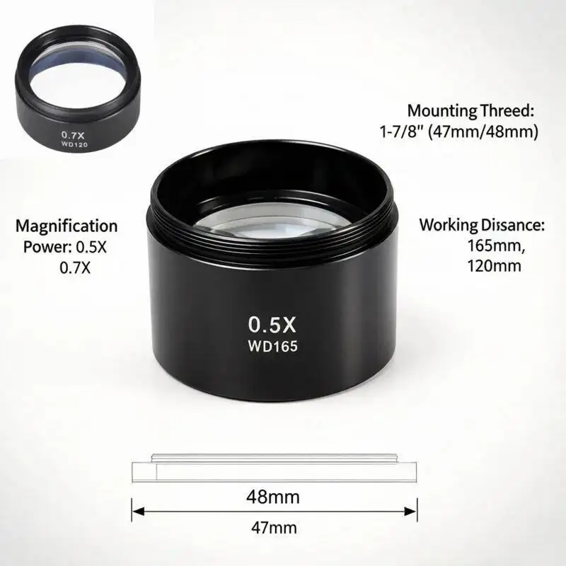0.5X 0.7X 삼안 현미경 보조 렌즈 48mm 47mm 스레드 고투과율 광학 유리 스테레오 현미경 액세서리