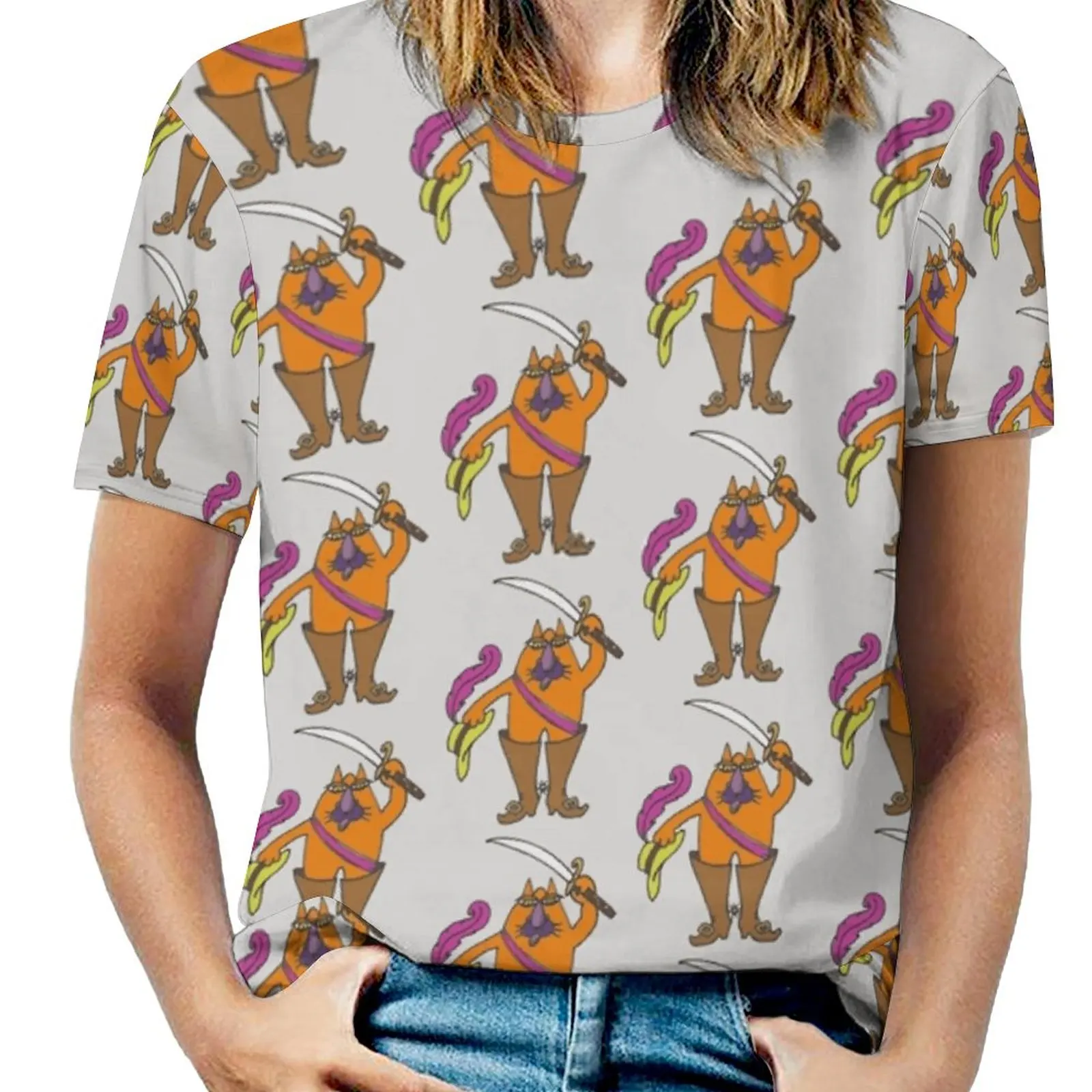 Puss In Boots T-Shirt Da Donna Primavera Ed Estate T-Shirt Stampate Girocollo Pullover Top Puss Cat Boots Cartoon Hat Spurrs Funny