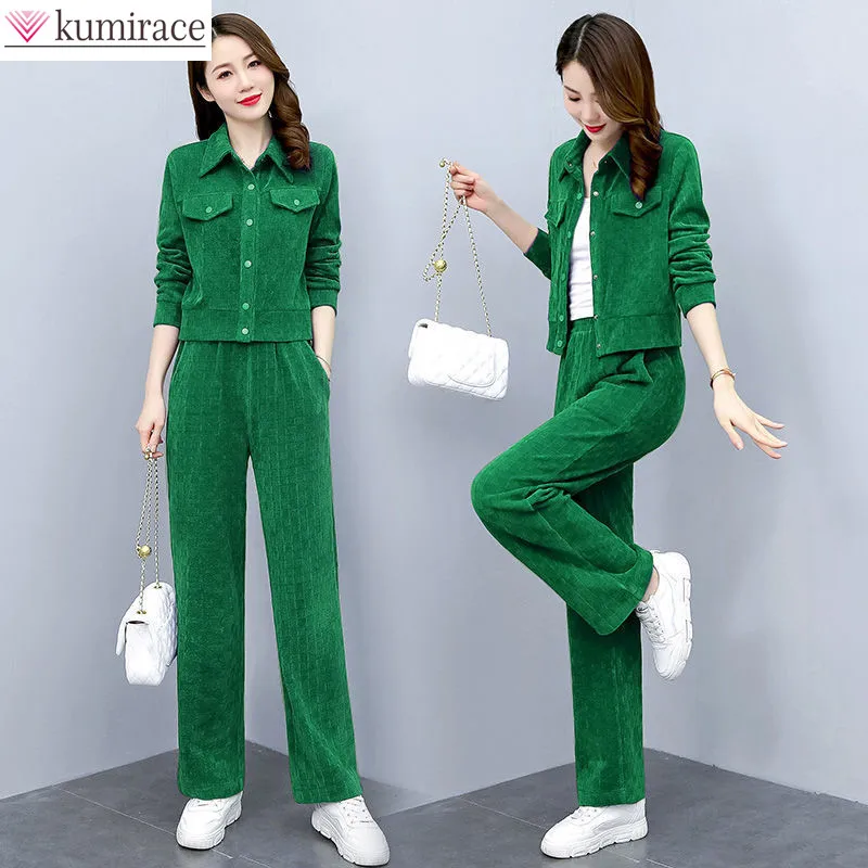 Korean Popular Autumn New Style Corduroy Long Sleeve Jacket Jacket Casual Trousers Two-piece Elegant Women's Pants Suit Outfit 2023 fashion elegant casual women blazer pantsuits autumn office corduroy loose business trousers suit femme streetwear outfits