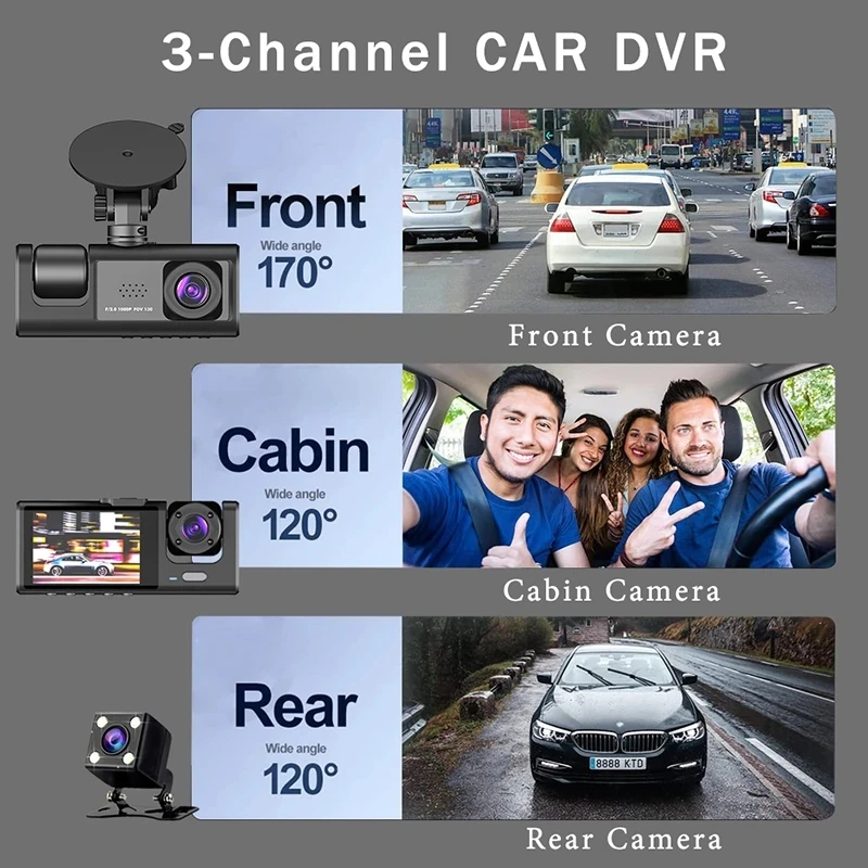 Dashcam 3 Channel Dash Cam Front Rear and Inside1080P Dash Camera