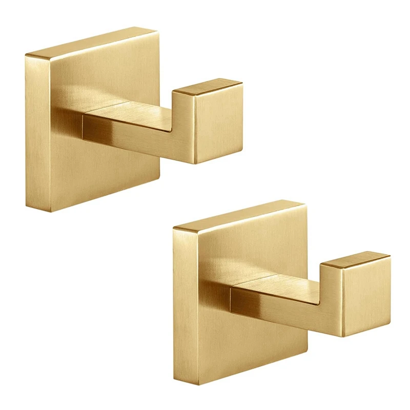 2 Piece Towel Hooks Robe Hook Coat Hook Gold Stainless Steel Heavy Duty Bathrooms Square Hooks Wall Mounted For Bathroom