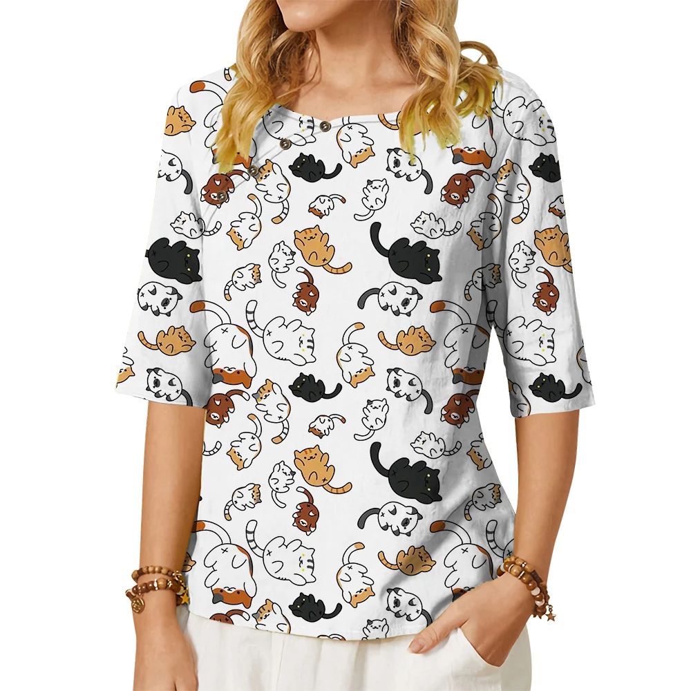 

CLOOCL Fashion Women T-shirt Cartoon Little Cat Pattern 3D Printed Tees Button Decorate Middle Sleeve Tees Loose Casual Blouses