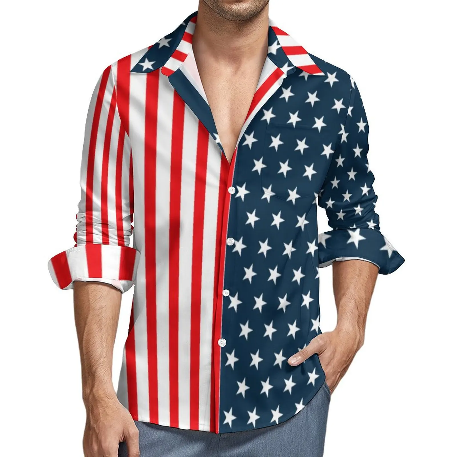 

Two Tone Striped Casual Shirts American Flag Stars Stripes Cool Shirt Autumn Y2K Funny Oversized Blouses Men Long Sleeve Clothes