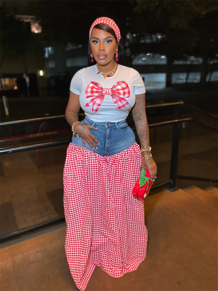 Wmstar 2 Piece Set Women Wholesale Denim Patchwork  Print Wide Leg T Shirt Plaid High Waisted Loose Wide Leg Pants Dropshopping