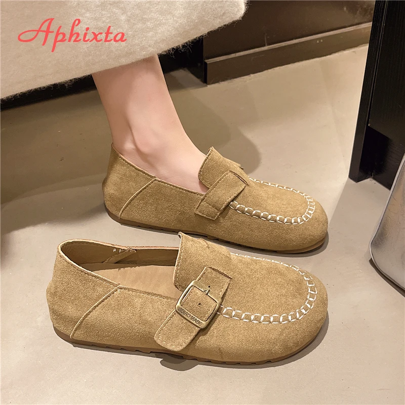 Aphixta Suede Upper Flat With Woman Loafers Shoes Sewing Design Slip on Ladies Shoes Khaki Round Toe Casual Shoes