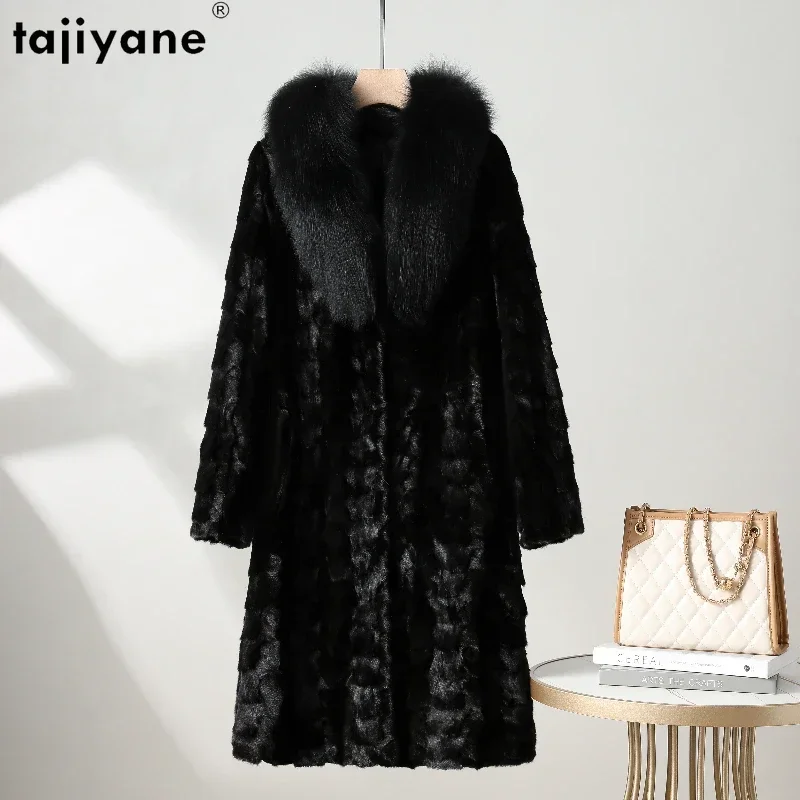 

Tajiyane Real Mink Fur Coat for Women Pieces of Mink Fur Patchwork Fur Jackets Luxury Fox Fur Collar Long Coats Jaqueta Feminina