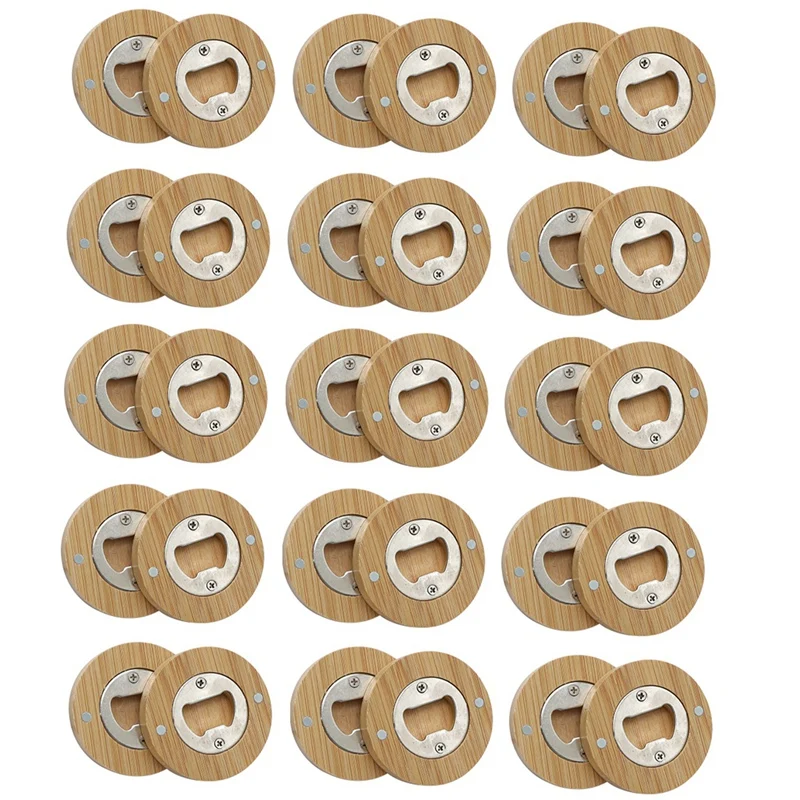 

BMBY-30PCS DIY Bamboo Round Shape Bottle Openers Coaster Fridge Magnet Refrigerator Sticker Bar Decoration Beer Bottle Opener