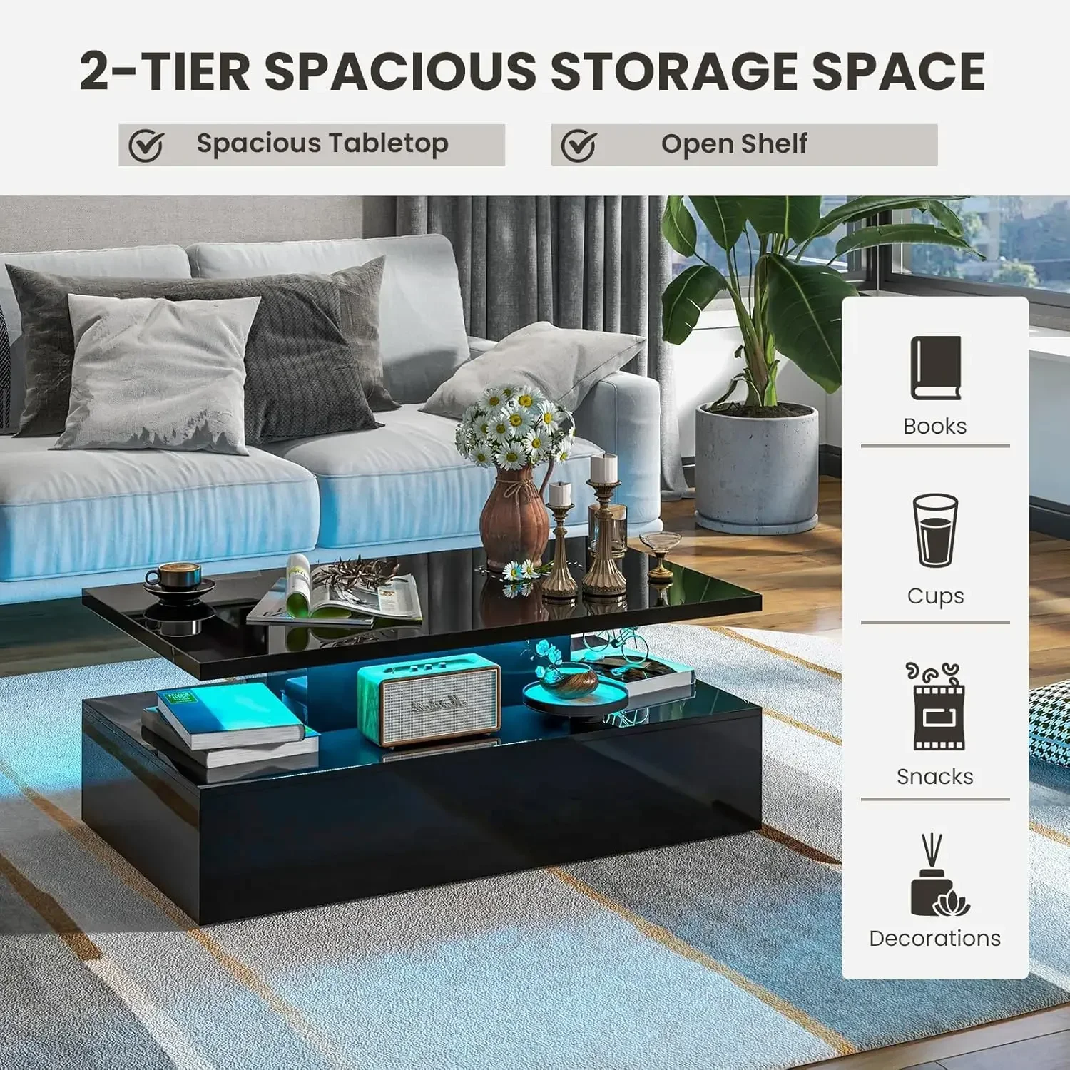 LED Coffee Table, Modern High Gloss Coffee Table w/ 20-Color LED Lights, Adjustable Speed & Brightness, Remote Control 6