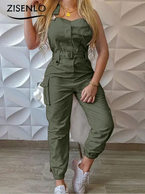 Long Jumpsuits Summer Belt Type Sleeveless Work Jumpsuits Solid Color Casual Trousers Chic and Elegant Woman Overalls One Pieces 1