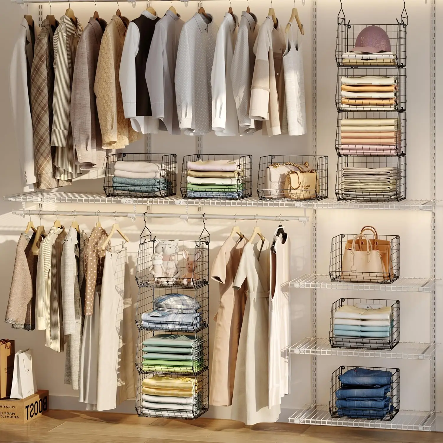 4 Tier Closet Hanging Organizer, Closet Organizers and Storage with 5 S Hooks, Closet Hanging Shelves & Freestanding Wire Storag 3
