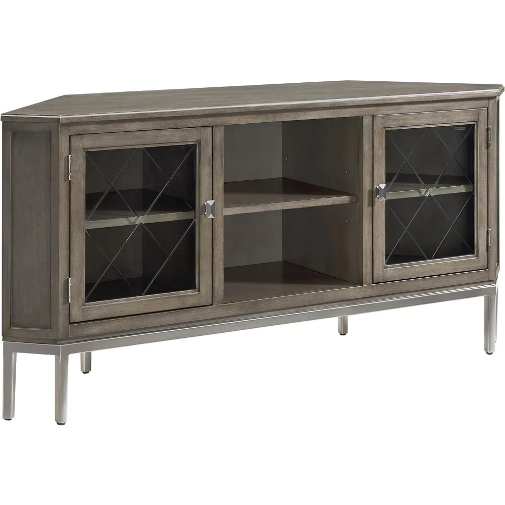 

84388 Two Door Corner TV Stand with Open Center Storage and Metal Base for 62" TV's, Smoke Gray Wash/Pewter,Grey