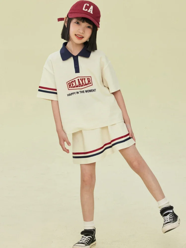여아용 레터 프린트 라펠 티셔츠 및 짧은 스커트 세트, 10 대 아동복, 테니스 상의, 하의 유니폼, 2 개 세트, 여름