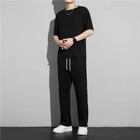 Summer Thin Ice Shreds Men's Short Sleeve Set 2024 New Korean Fashion Casual Pants and T-shirts Men's Sports Set Men Clothing