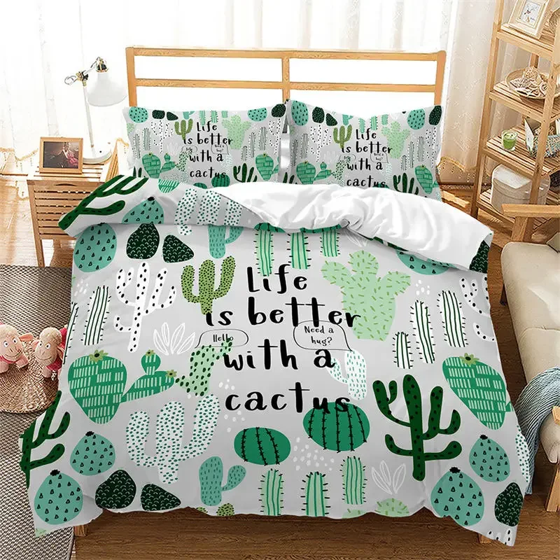 

Cartoon Cactus Duvet Cover Spring Garden With Boho Style Bouquet of Thorny Plants Blossoms Decor 3 Piece Bedding Set Pillowcases